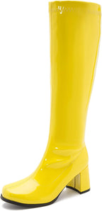 Women's White Gogo Boots, Knee High Block Heel Disco Boots