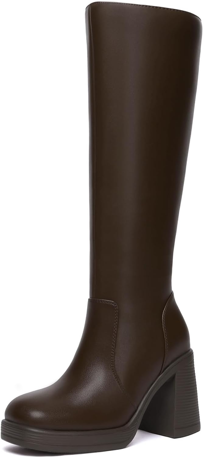 Women's Knee High Platform Boots, Wide Calf, Side Zip