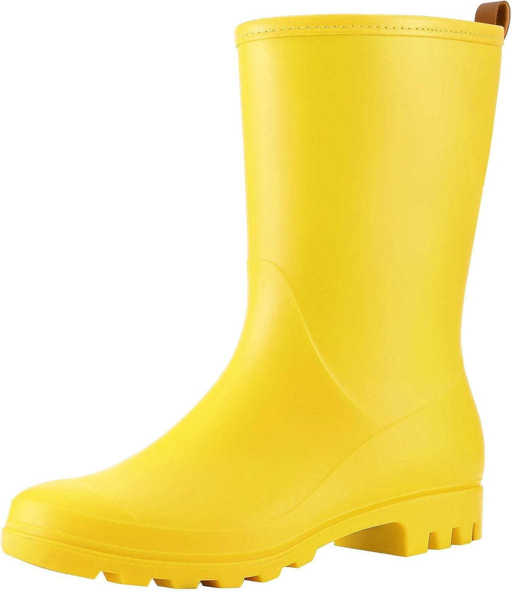 Women's Mid-Calf Waterproof Rubber Rain Boots, Slip-On