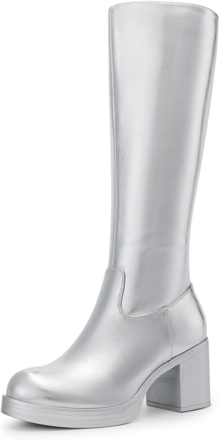 Women's Knee High Platform Boots with Inner Zipper, Round Toe