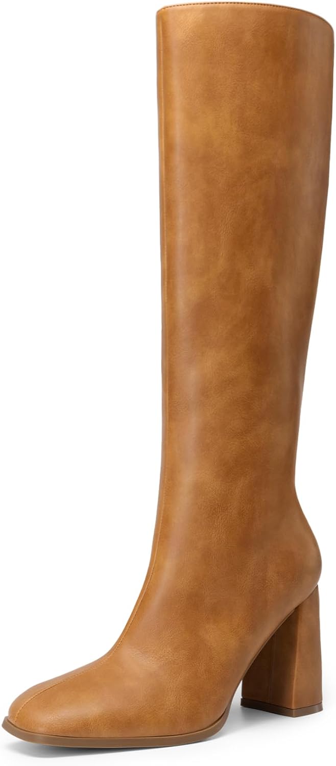 Women's Knee High Square Toe Boots, 3.35" Block Heel