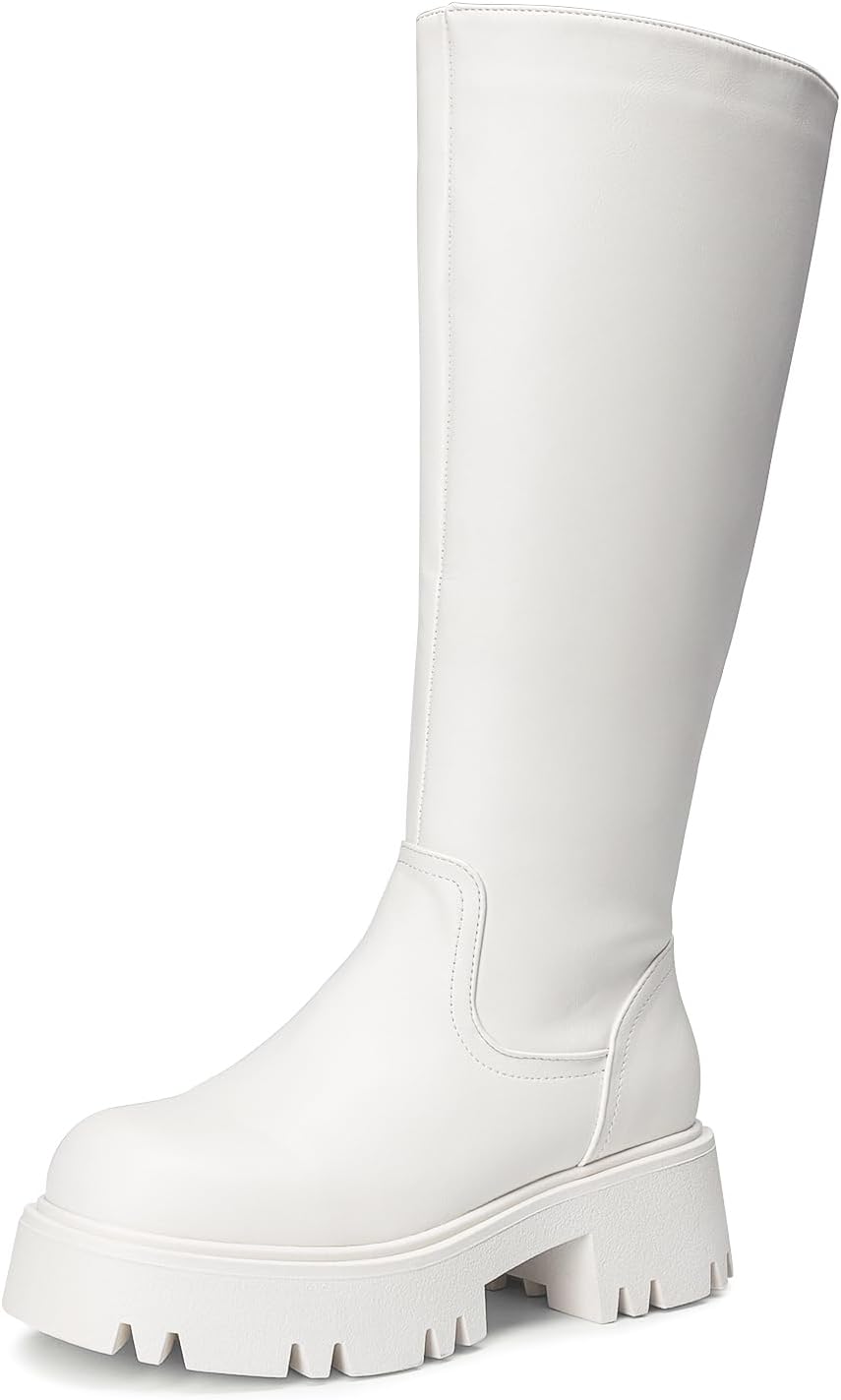 Women's Knee High Platform Chunky Heel Boots with Side Zip