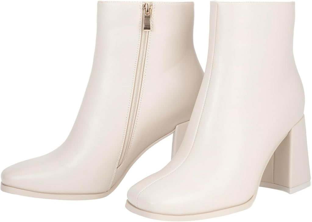 Women's Square Toe Chunky Heel Ankle Boots, Side Zip
