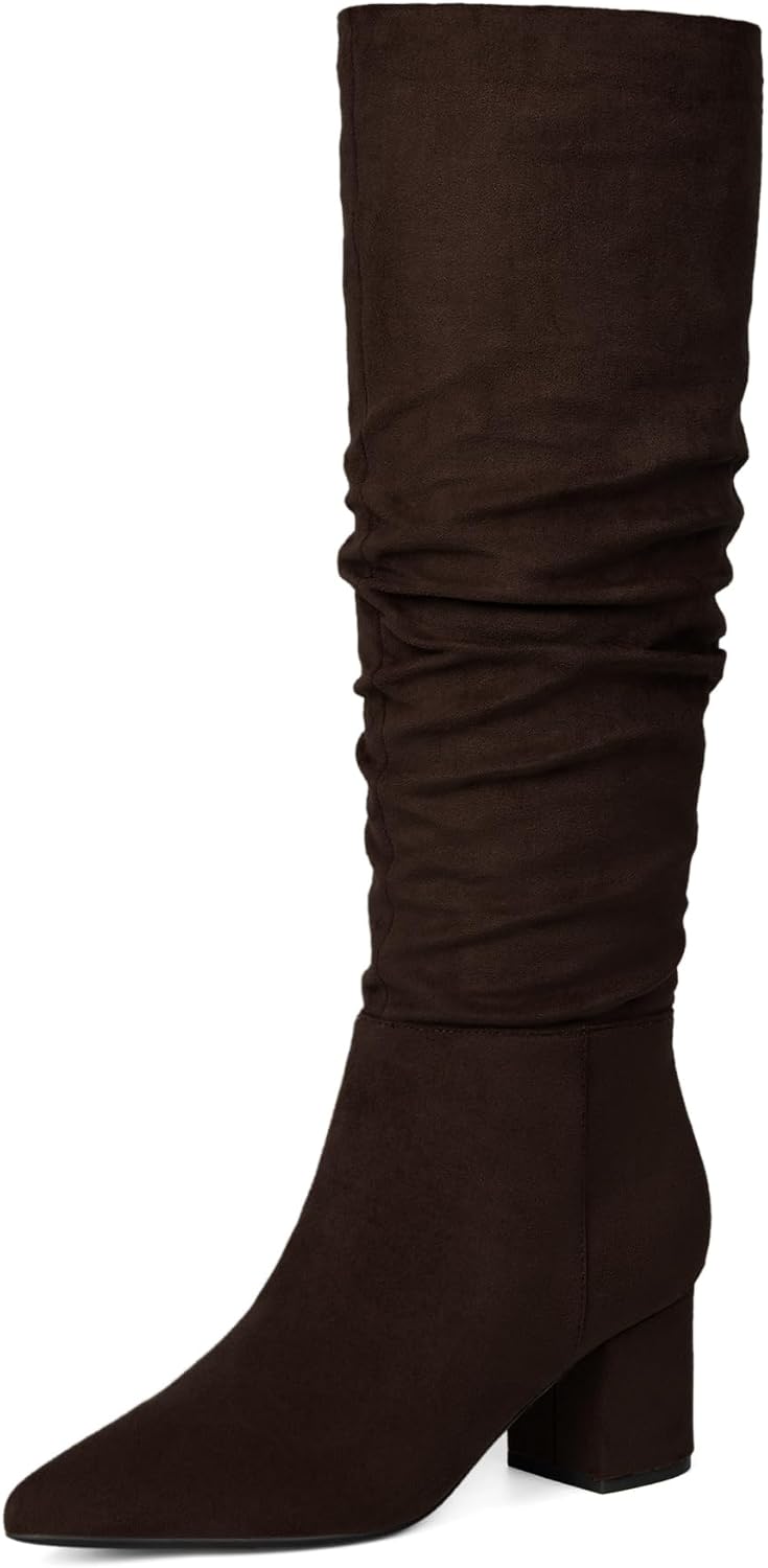 Women's Brown Knee High Boots with Chunky Low Block Heel