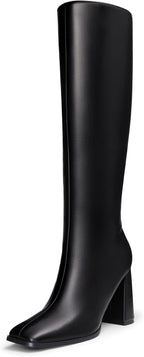Women's Knee High Square Toe Boots, 3.35" Block Heel