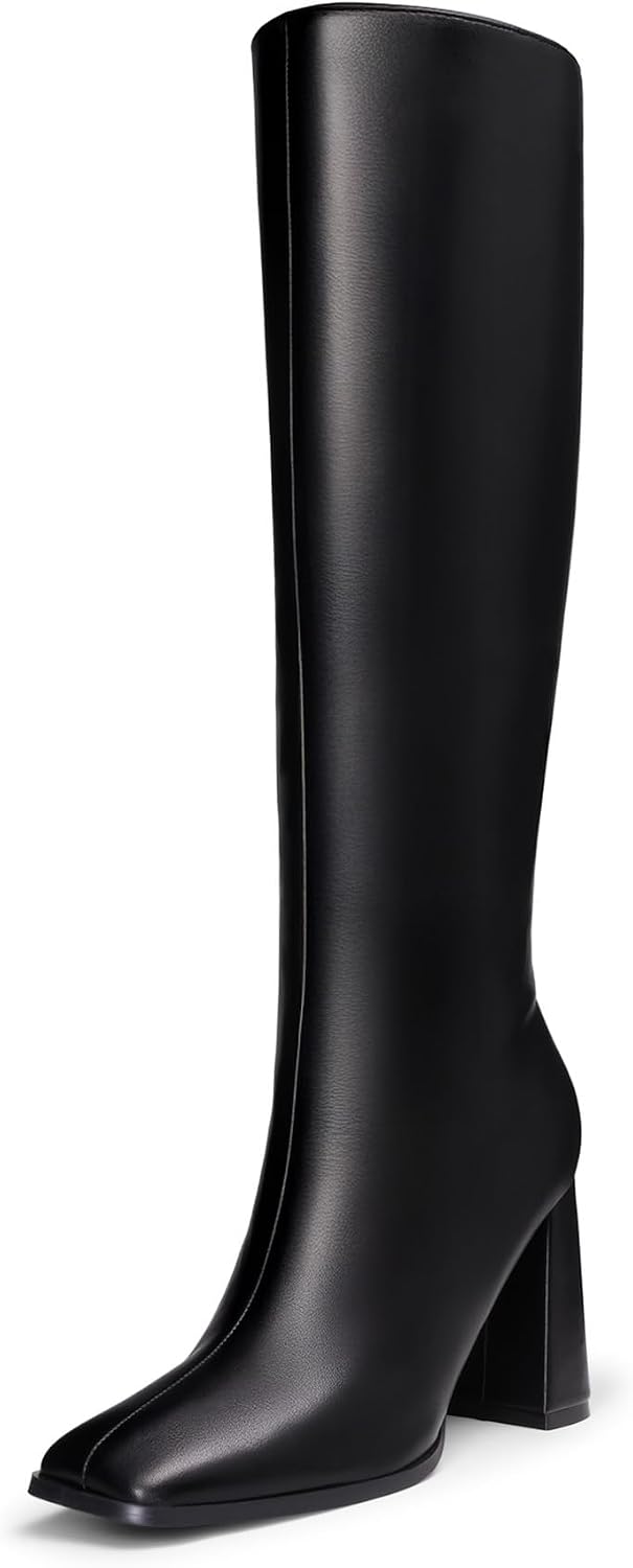 Women's Knee High Square Toe Boots, 3.35" Block Heel
