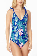 One Piece Bathing Suit Floral Print Shouler Top Ti - VacationGrabs
