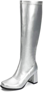 Women's White Gogo Boots, Knee High Block Heel Disco Boots