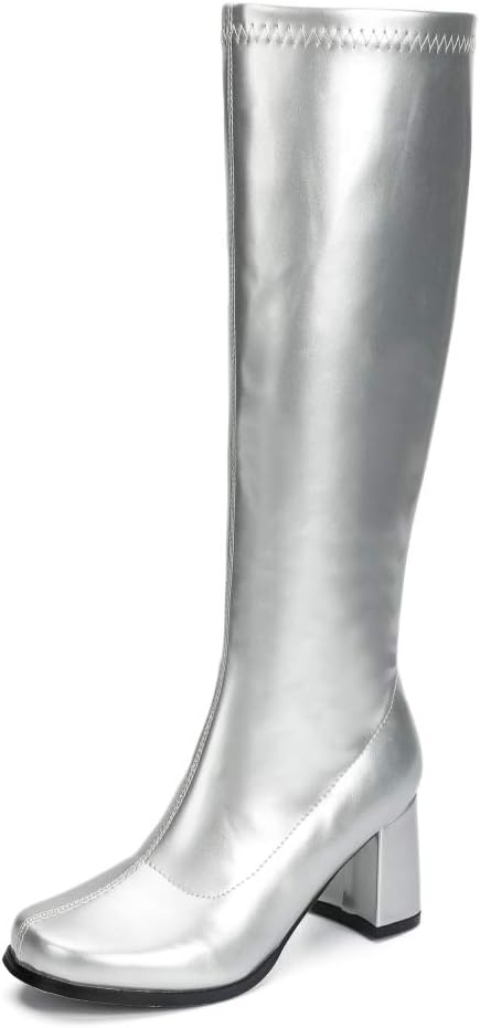 Women's White Gogo Boots, Knee High Block Heel Disco Boots