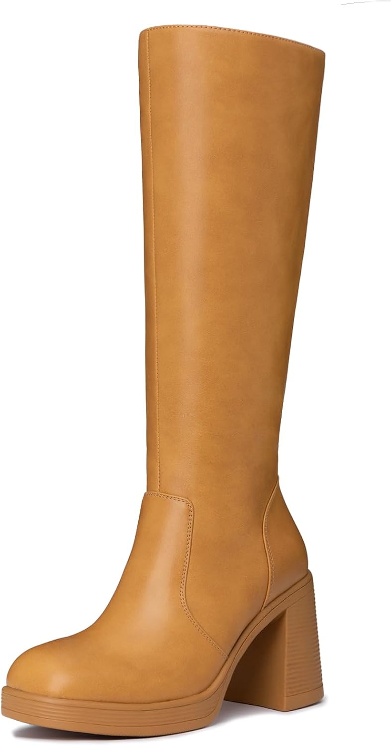 Women's Knee High Platform Boots, Wide Calf, Side Zip