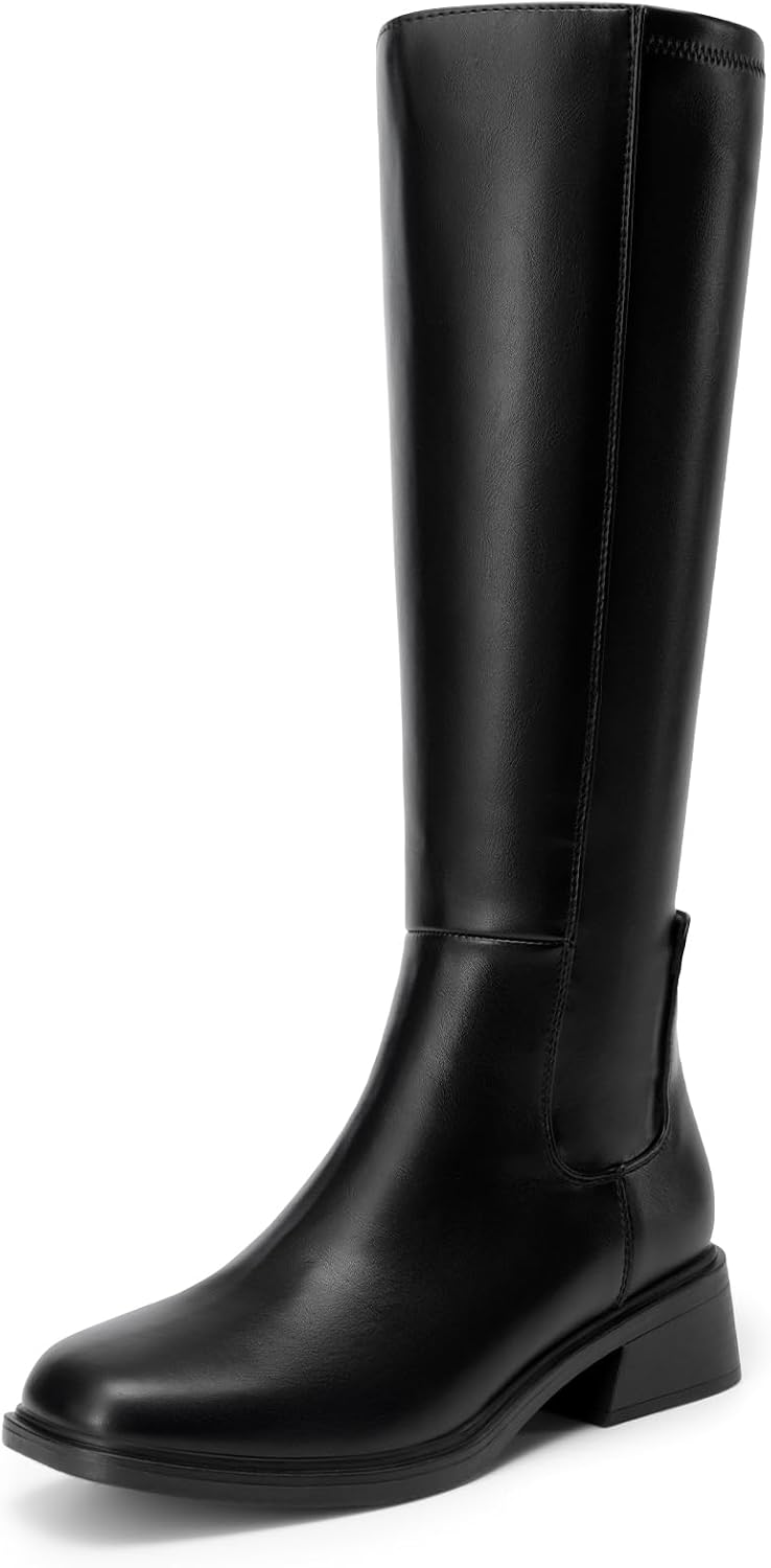 Women's Knee-High Riding Boots with Side Zip, Square Toe