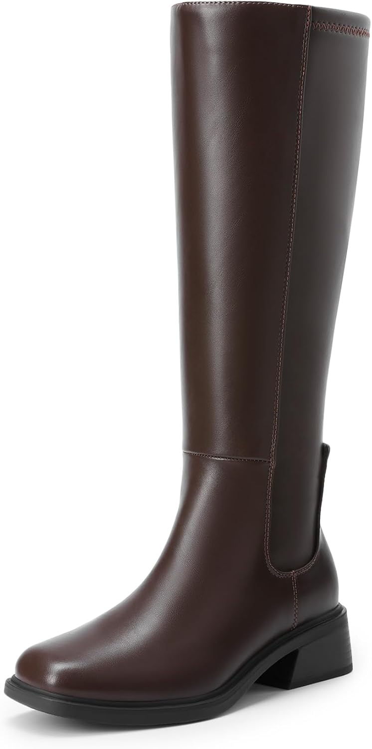 Women's Knee-High Riding Boots with Side Zip, Square Toe
