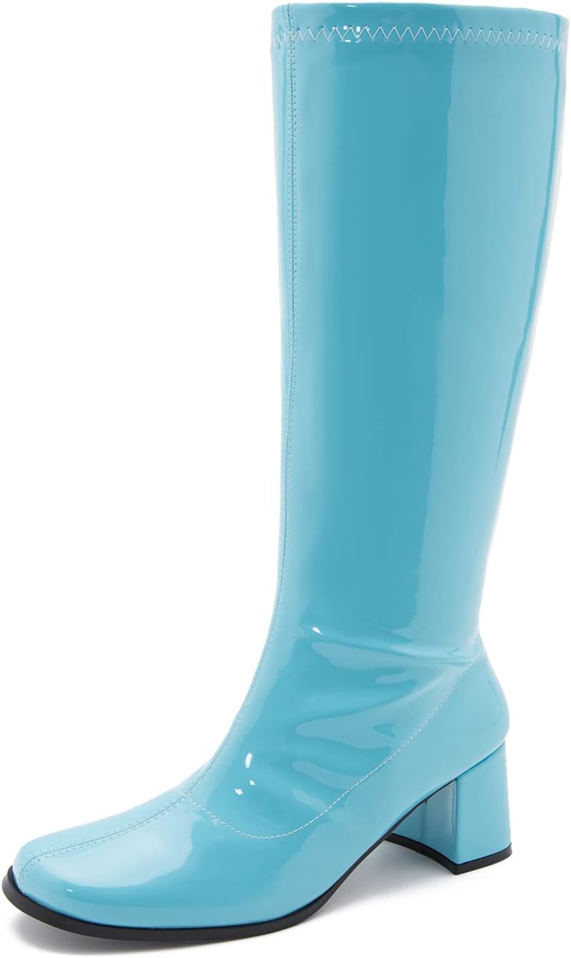 Women's White Gogo Boots, Knee High Block Heel Disco Boots