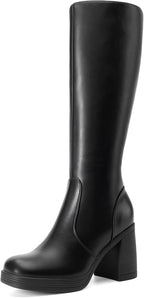 Women's Black Knee High Platform Boots with Inside Zip
