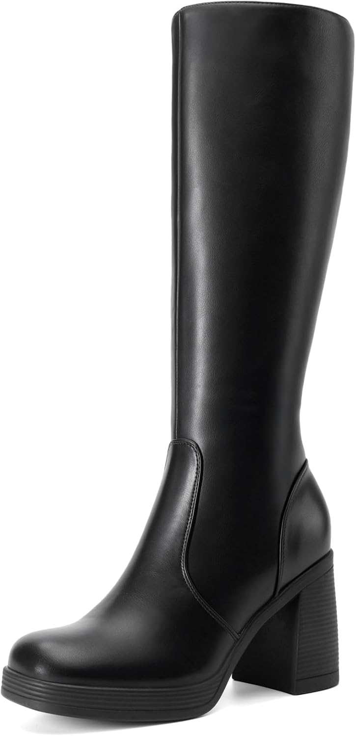 Women's Black Knee High Platform Boots with Inside Zip