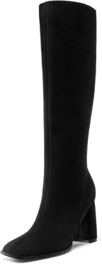 Women's Knee High Square Toe Boots, 3.35" Block Heel
