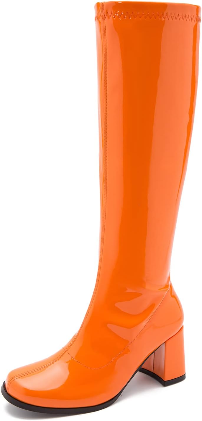 Women's White Gogo Boots, Knee High Block Heel Disco Boots