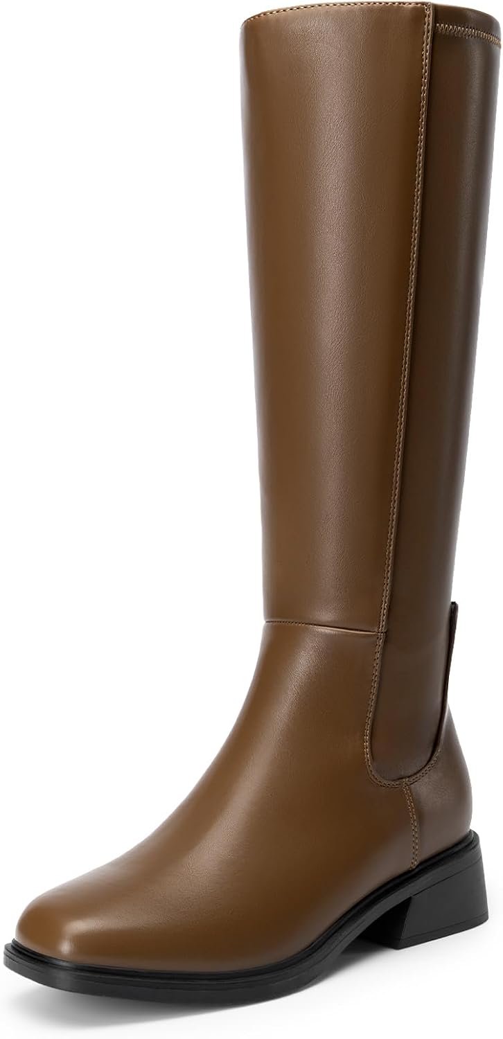 Women's Knee-High Riding Boots with Side Zip, Square Toe