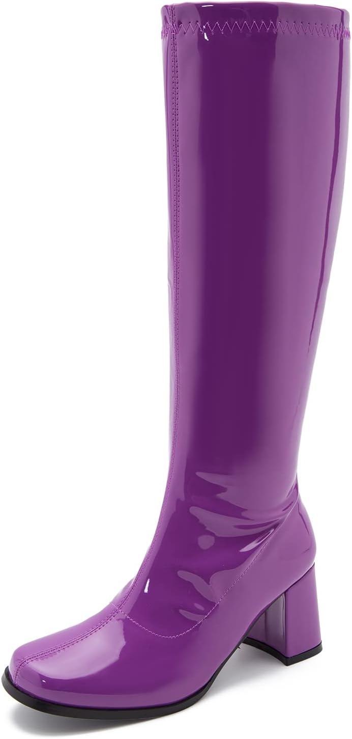 Women's White Gogo Boots, Knee High Block Heel Disco Boots