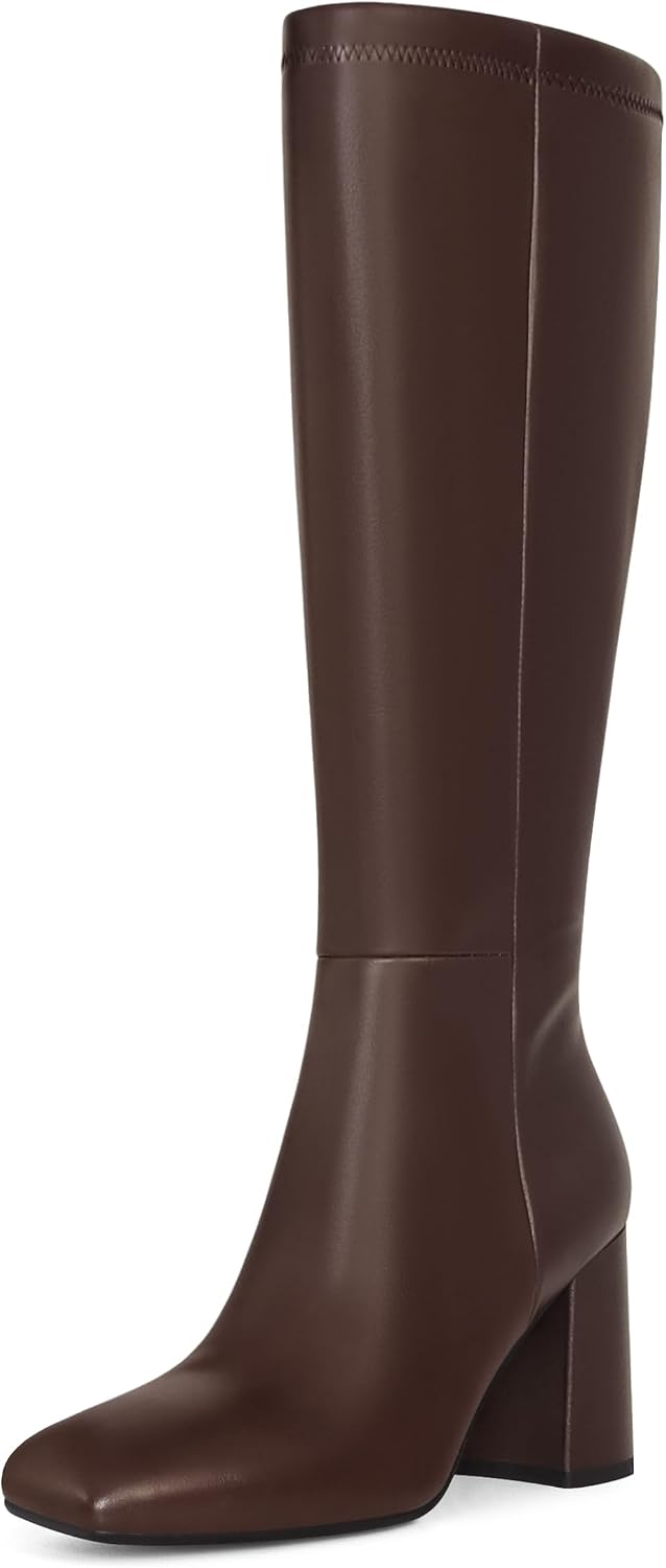 Women's Black Faux Leather Knee High Boots, Chunky Heel