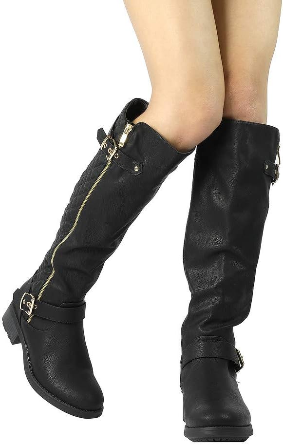 Women's Wide Calf Knee High Moto Boots with Faux Fur Lining