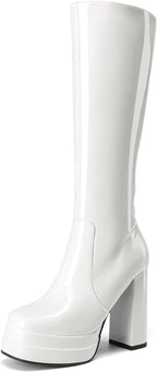Women's White Gogo Platform Knee High Boots, Patent Finish