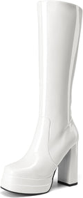 Women's White Gogo Platform Knee High Boots, Patent Finish