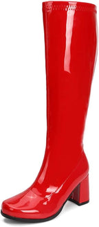 Women's White Gogo Boots, Knee High Block Heel Disco Boots