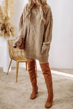 Parchment Cable Knit Drop Shoulder Loose Fit Sweater Dress - VacationGrabs