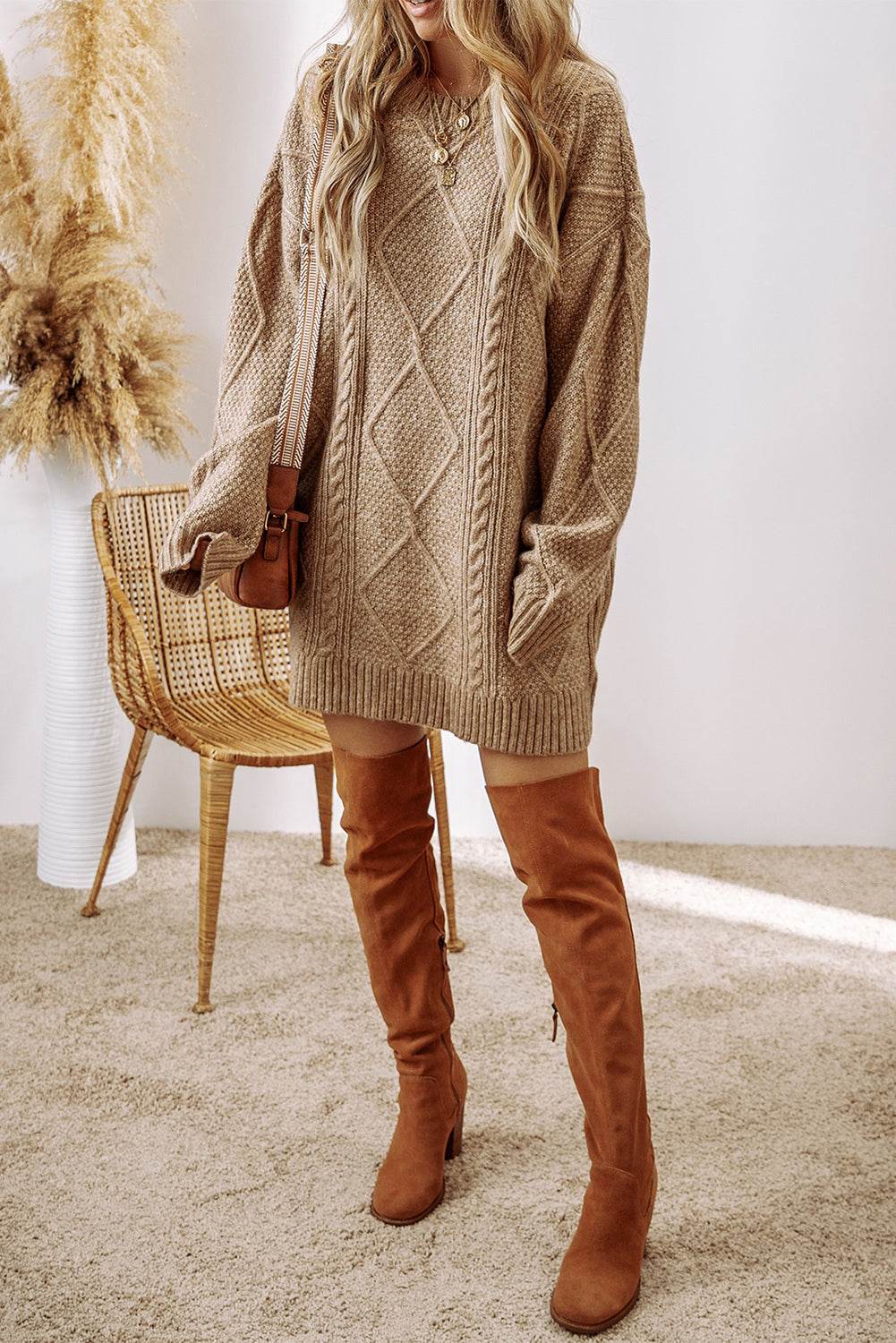 Parchment Cable Knit Drop Shoulder Loose Fit Sweater Dress - VacationGrabs