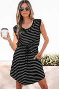 Stripe Drawstring Waist Pocketed Mini Dress