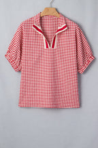 Gingham Plaid Colorblock Trim Split Neck Blouse