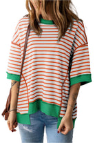 Women's Shirts - T-ShirtsOrange Stripe Oversized Contrast Trim Exposed Seam High Low - VacationGrabs