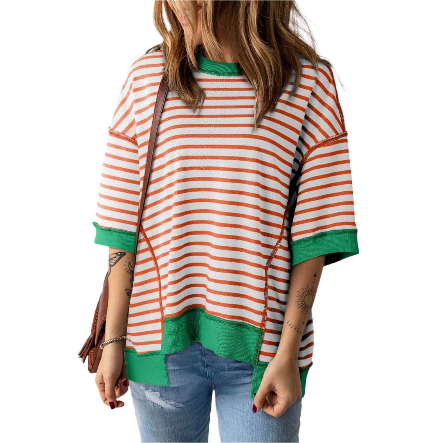 Orange Stripe Oversized Contrast Trim Exposed Seam High Low T Shirt - VacationGrabs