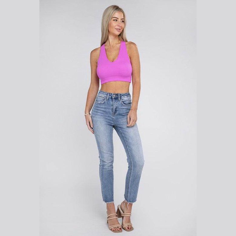 Ribbed Cropped Racerback Tank Top - VacationGrabs