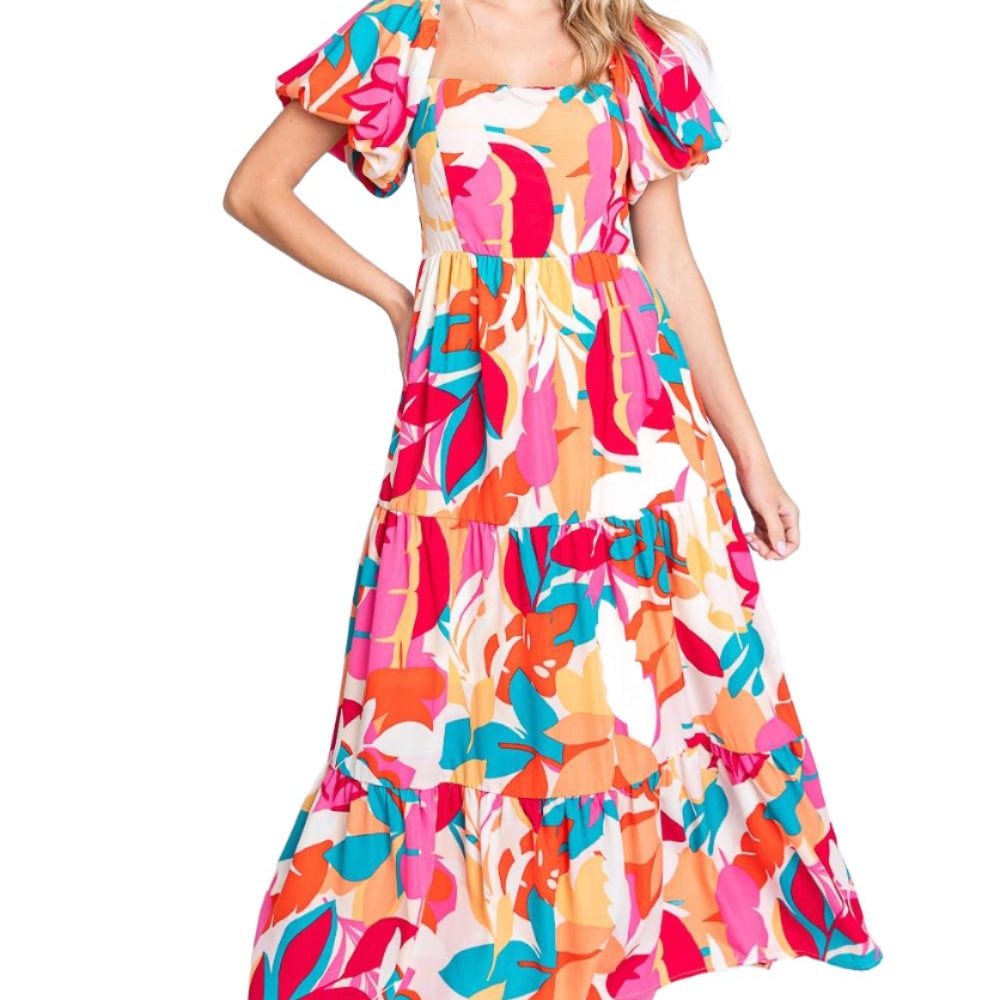Women's Dresses GeeGee Full Size Printed Smocked Back Tiered Maxi Dress