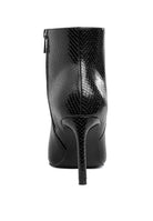 Rag Company textured stiletto heel ankle boots with a sleek black snake print design