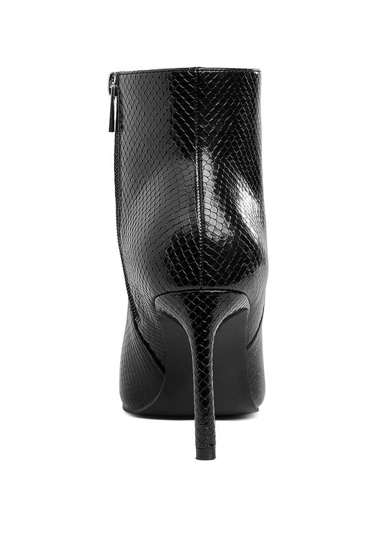Rag Company textured stiletto heel ankle boots with a sleek black snake print design