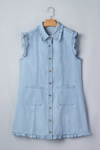 Denim Ruffle Edge Collared Button Up Dress