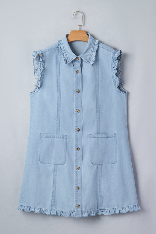 Denim Ruffle Edge Collared Button Up Dress