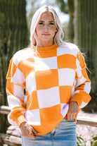 Women's SweatersOrange Checkered Bishop Sleeve Sweater - VacationGrabs