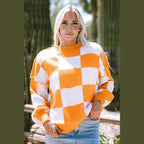 Orange Checkered Bishop Sleeve Sweater - VacationGrabs