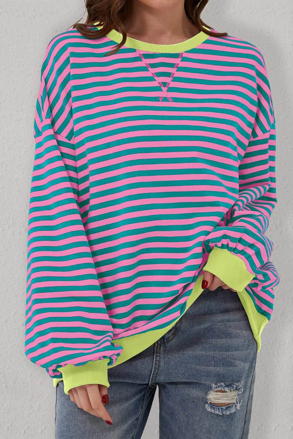 Green Stripe Oversized Contrast Trim Pullover Sweatshirt - VacationGrabs