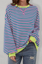 Green Stripe Oversized Contrast Trim Pullover Sweatshirt - VacationGrabs