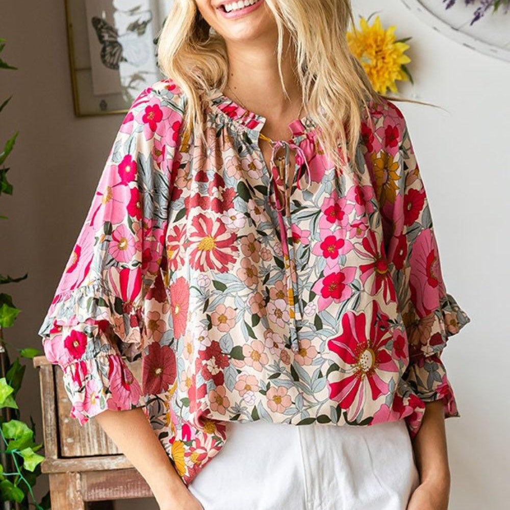 Women's Shirts First Love Printed Tie Neck Flounce Sleeve Blouse