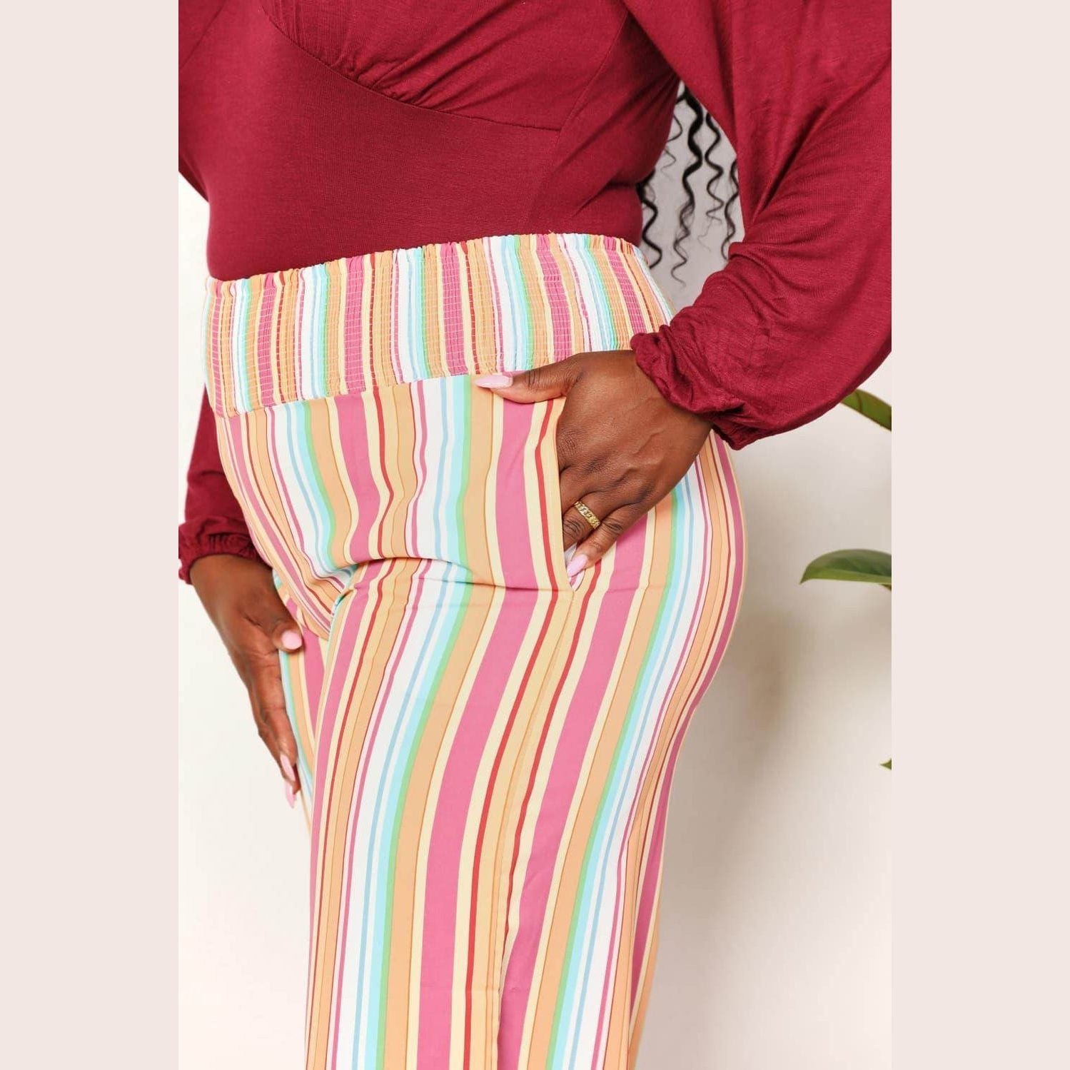 Double Take Striped Smocked Waist Pants with Pockets - VacationGrabs