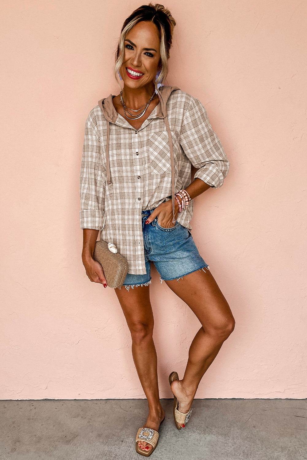 Khaki Checkered Print Loose Fit Buttoned Hooded Shacket - VacationGrabs