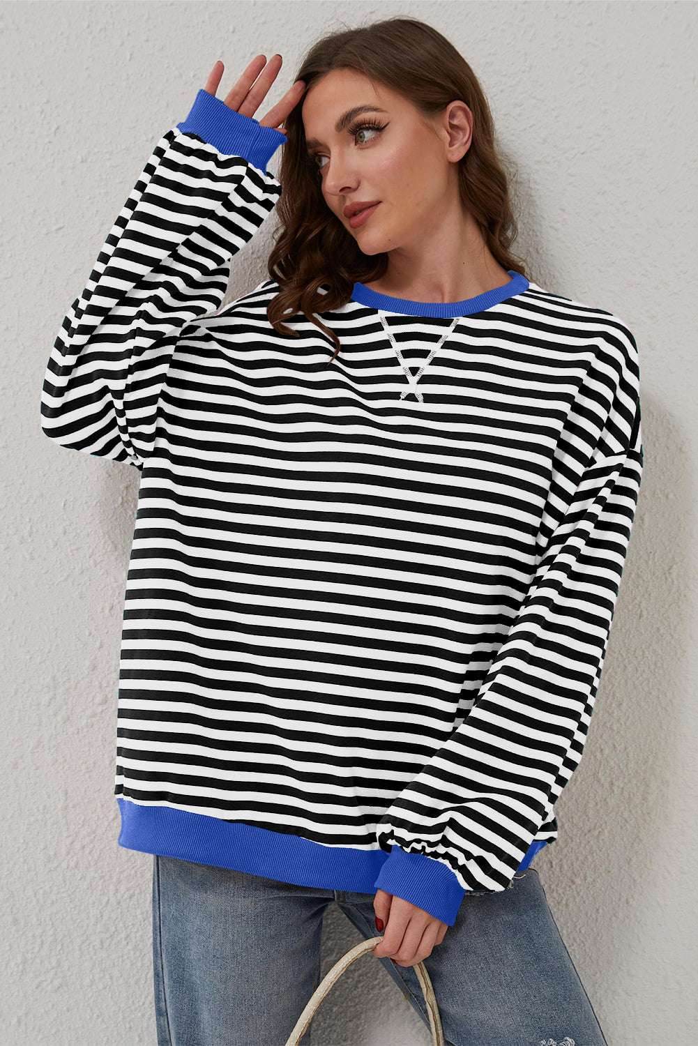 Black Stripe Oversized Contrast Trim Pullover Sweatshirt - VacationGrabs