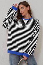 Black Stripe Oversized Contrast Trim Pullover Sweatshirt - VacationGrabs
