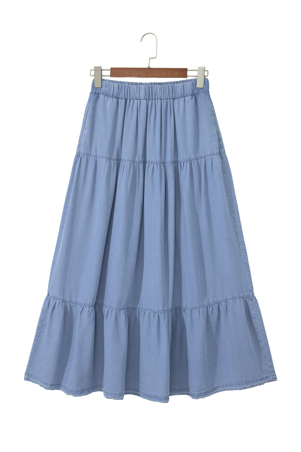 Denim Ruffle Tiered Flared Maxi Skirt